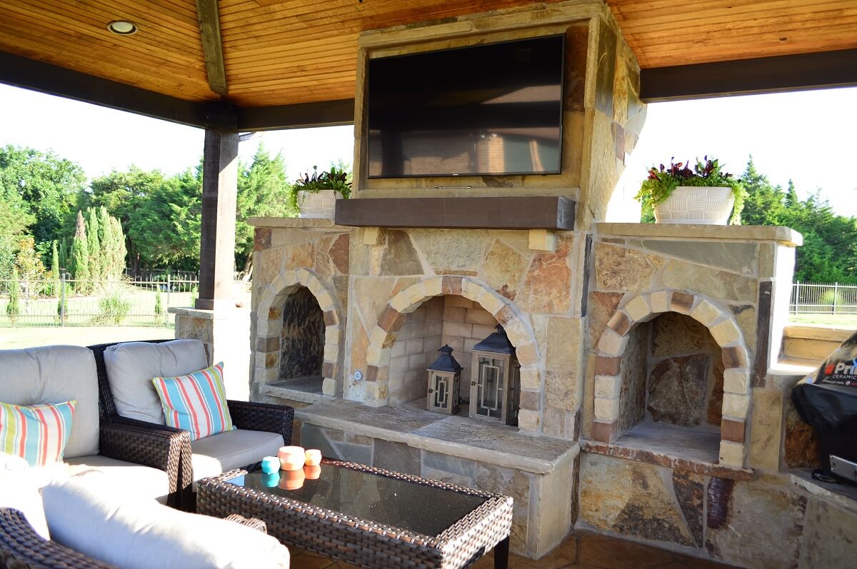 Fireplace in covered patio 