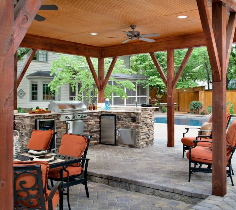poolside patio with outdoor kitchen