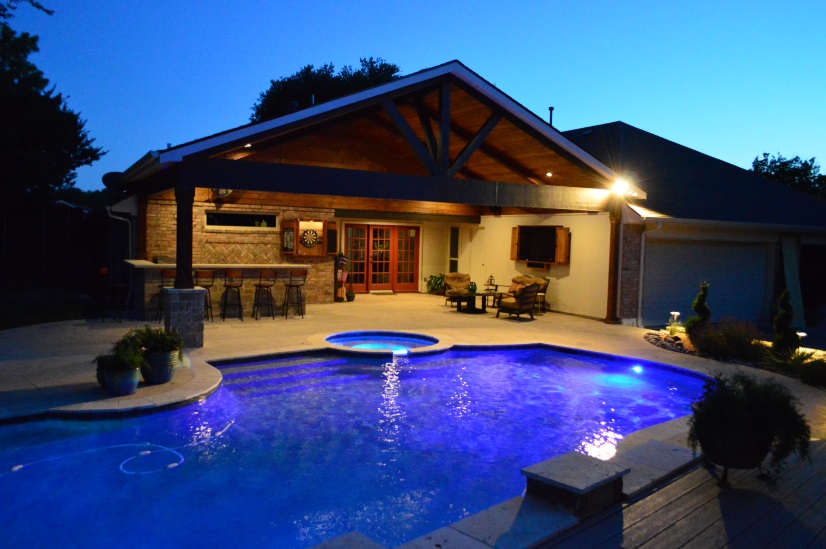 outside covered gable patio with pool