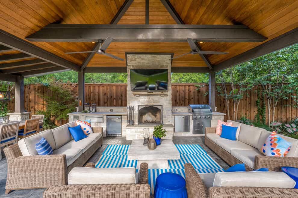 Covered patio with outdoor fireplace