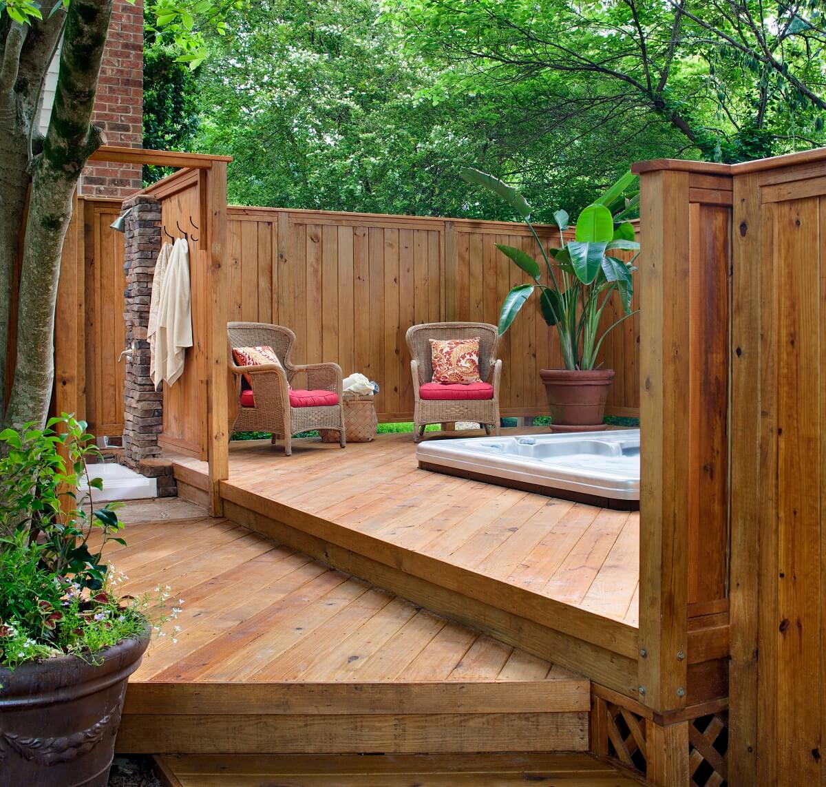 wood spa deck with shower