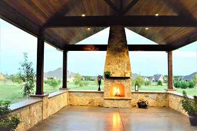 Covered patio and fireplace