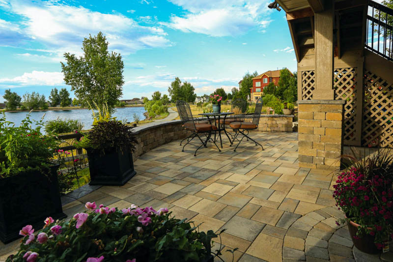 Stone patio with second level deck