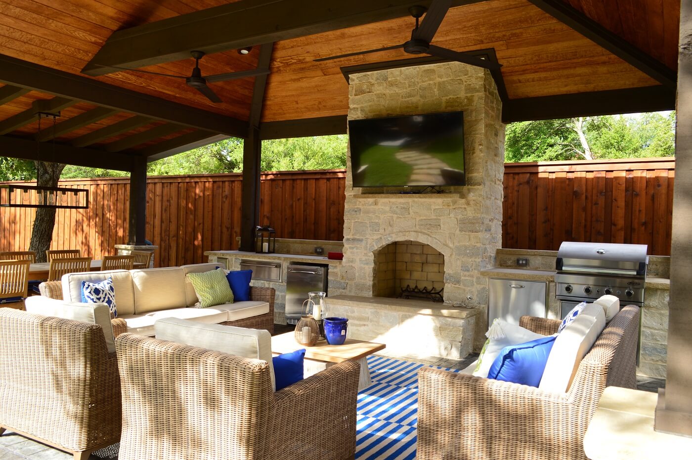 Custom cabana with outdoor fireplace