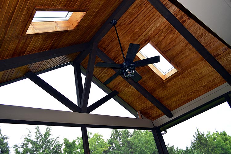 Pine tongue and groove covered patio ceiling