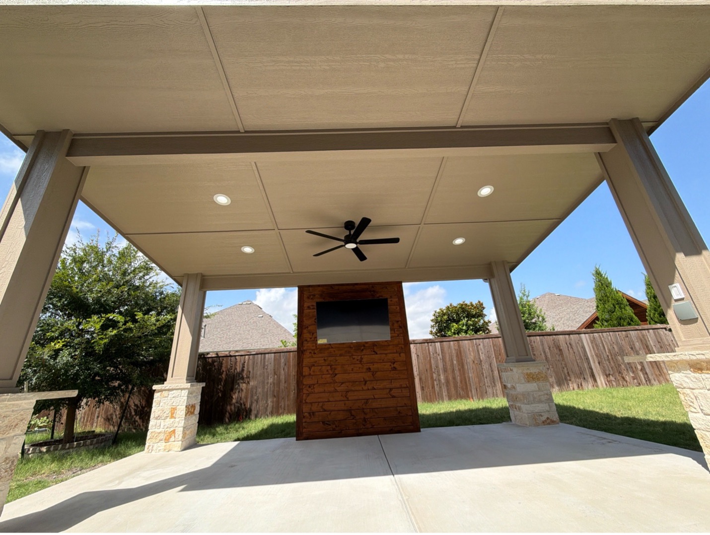 Interior of Sunnyvale cabana with custom Cedar TV wall