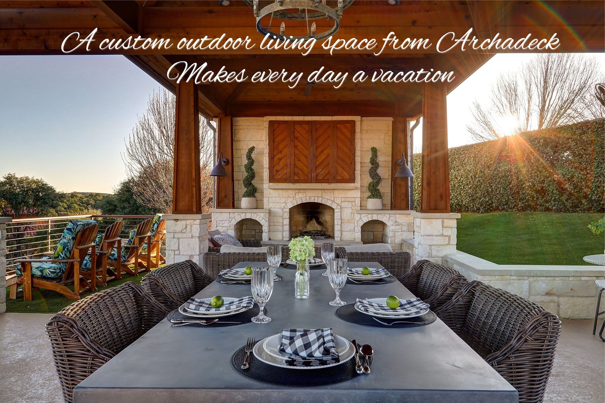 Dining area and outdoor fireplace on covered patio