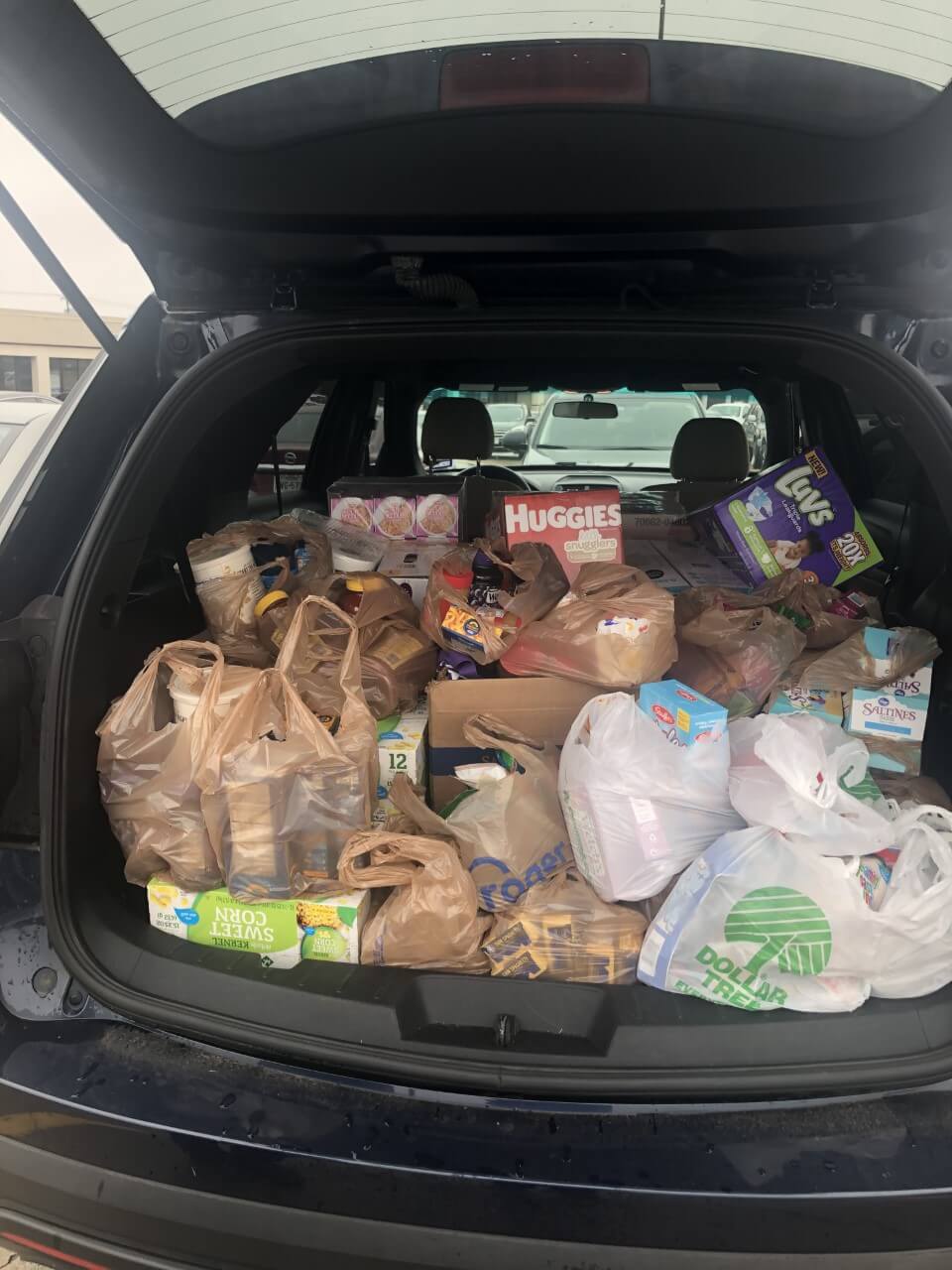 Bags of food in the trunk of a car