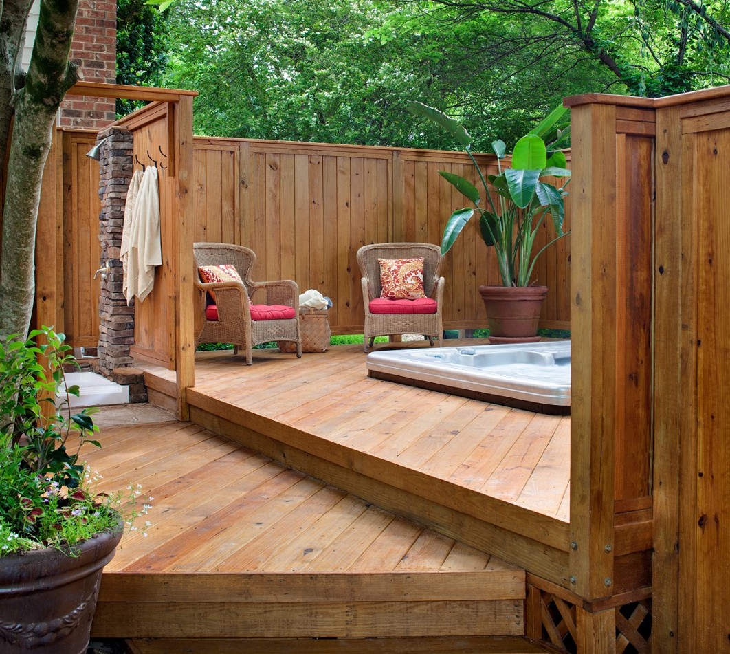 wooden deck with built in spa