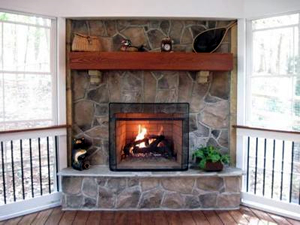 Screened porch fireplace