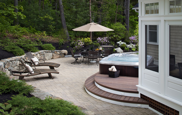 cozy patio and deck with hot tub