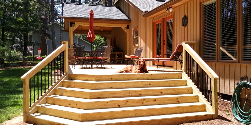 Rustic Wood Deck in Raleigh Cascading Stairs