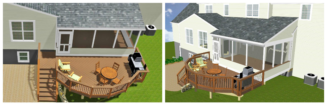 Custom 3-D renderings of a deck and porch addition.