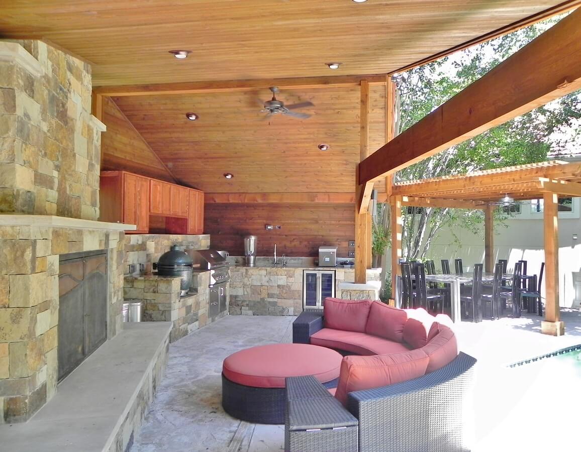 Outdoor kitchen, seating area and fireplace