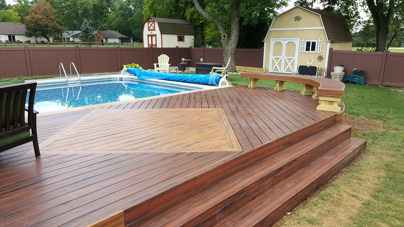 deck with a pool