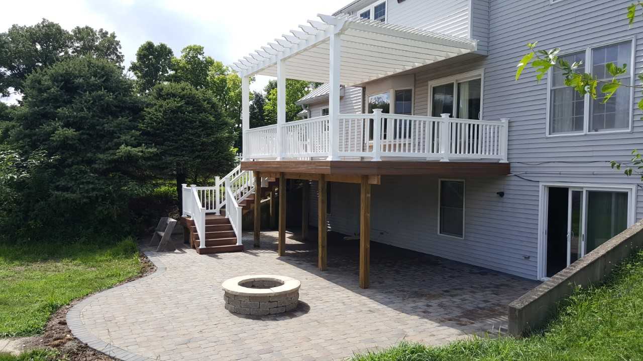 Two story deck with built in firepit