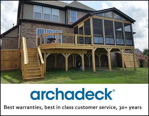 Home with second story deck, text: archadeck - Best warranties, best in class customer service, 30+ yearts