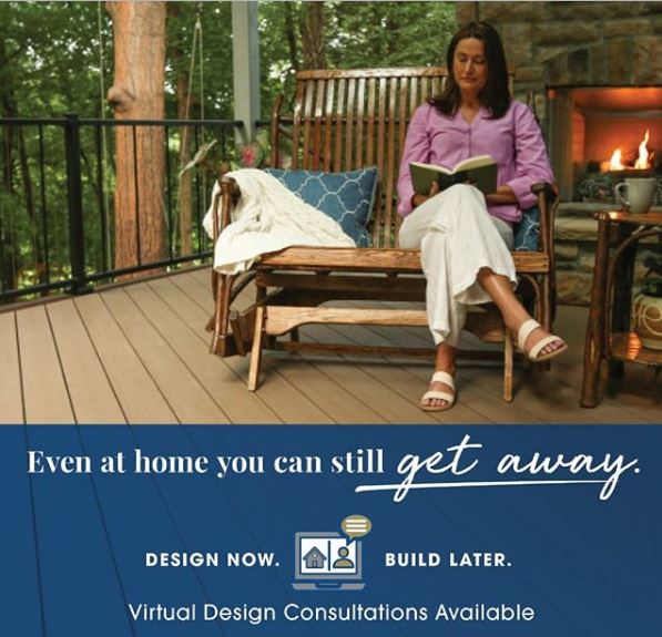 woman sitting on rocking bench on her deck with fireplace lit behind her, text says: Even at home you can still get away. Design now. Build Later. Virtual Design Consultations Available.