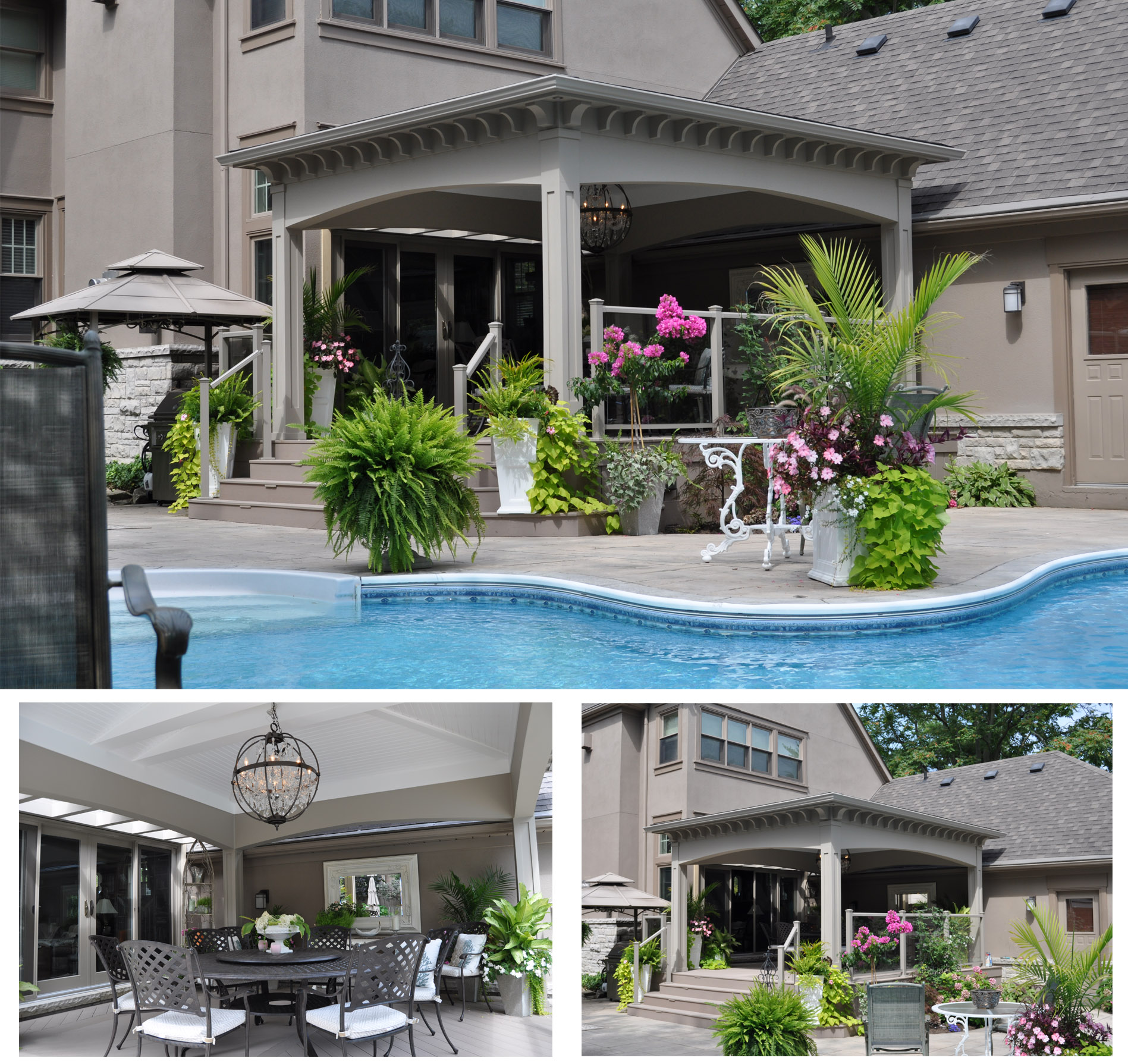 Open porch next to an inground pool. 