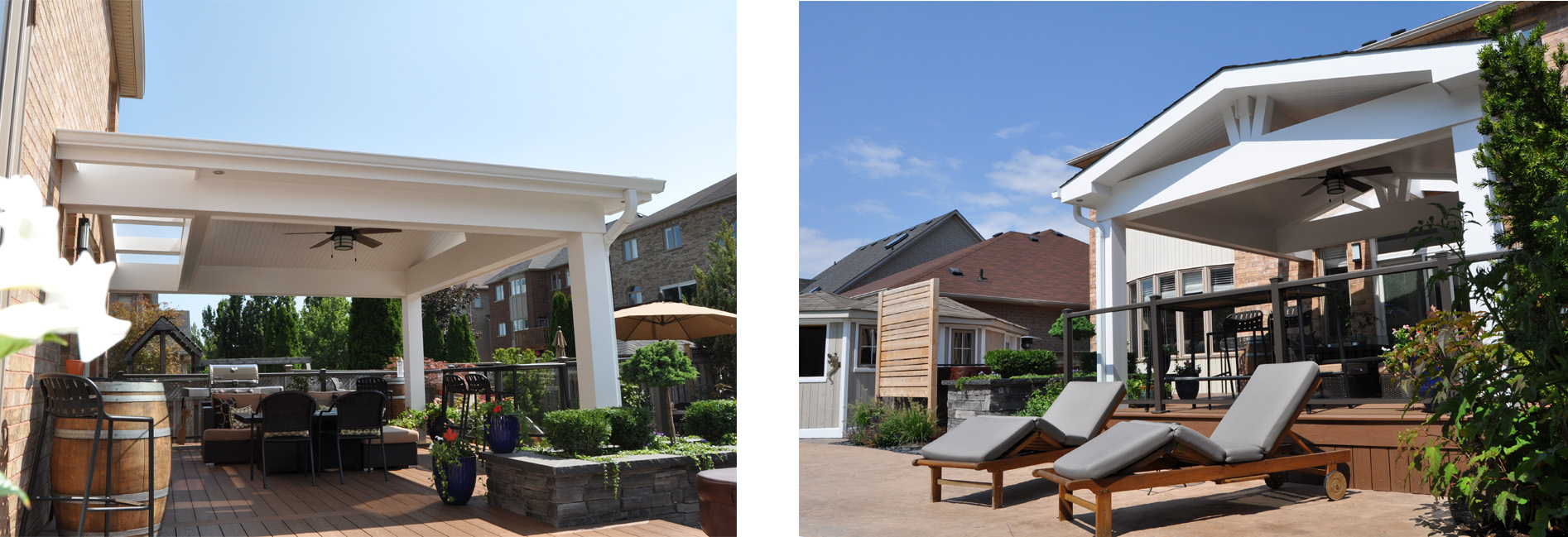 Covered composite deck alongside a pool.