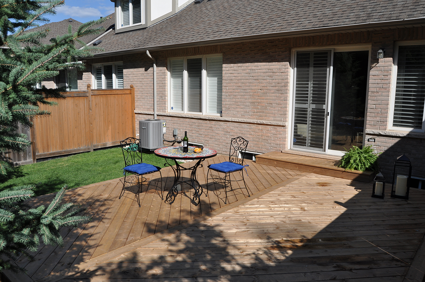 Wood deck in the backyard.