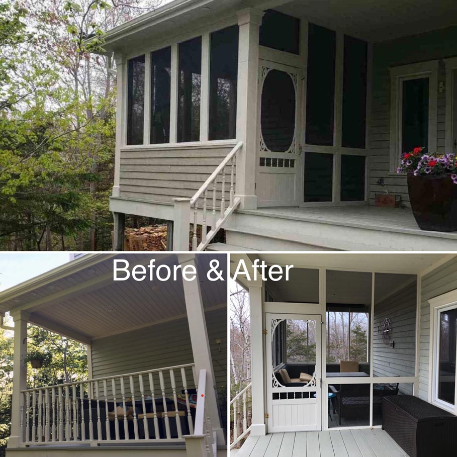 Before and after image of remodeled screened porch