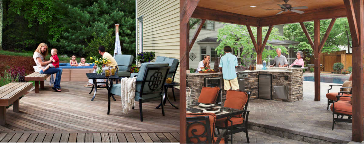 warm and inviting outdoor decks with spa and kitchen