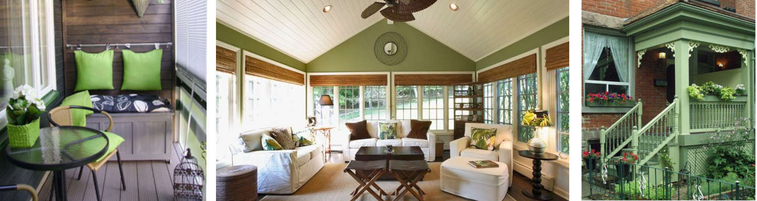 Green accents for the porch and sunroom