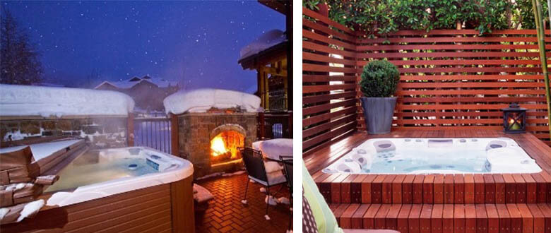 Custom hot tub with privacy walls and outdoor fireplace