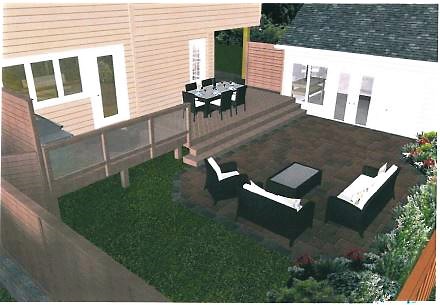 Computer rendering of outdoor deck and patio living space