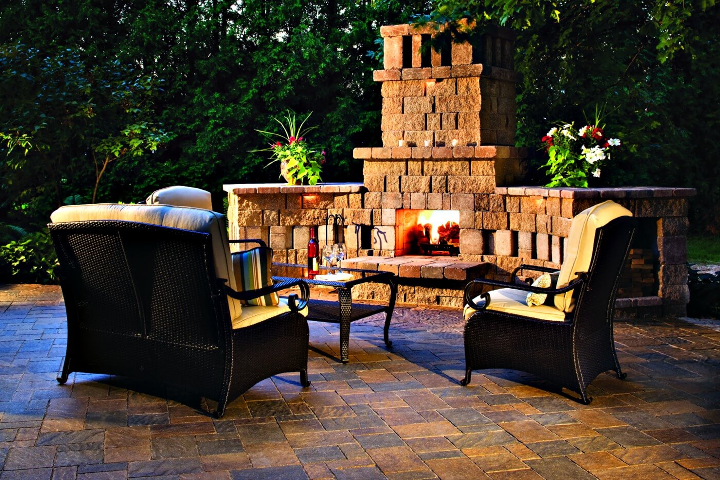 Custom outdoor fireplace on patio