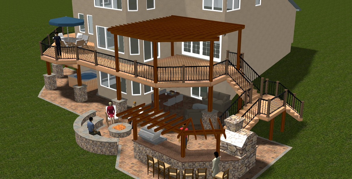 3d rendering of an upper deck over a patio