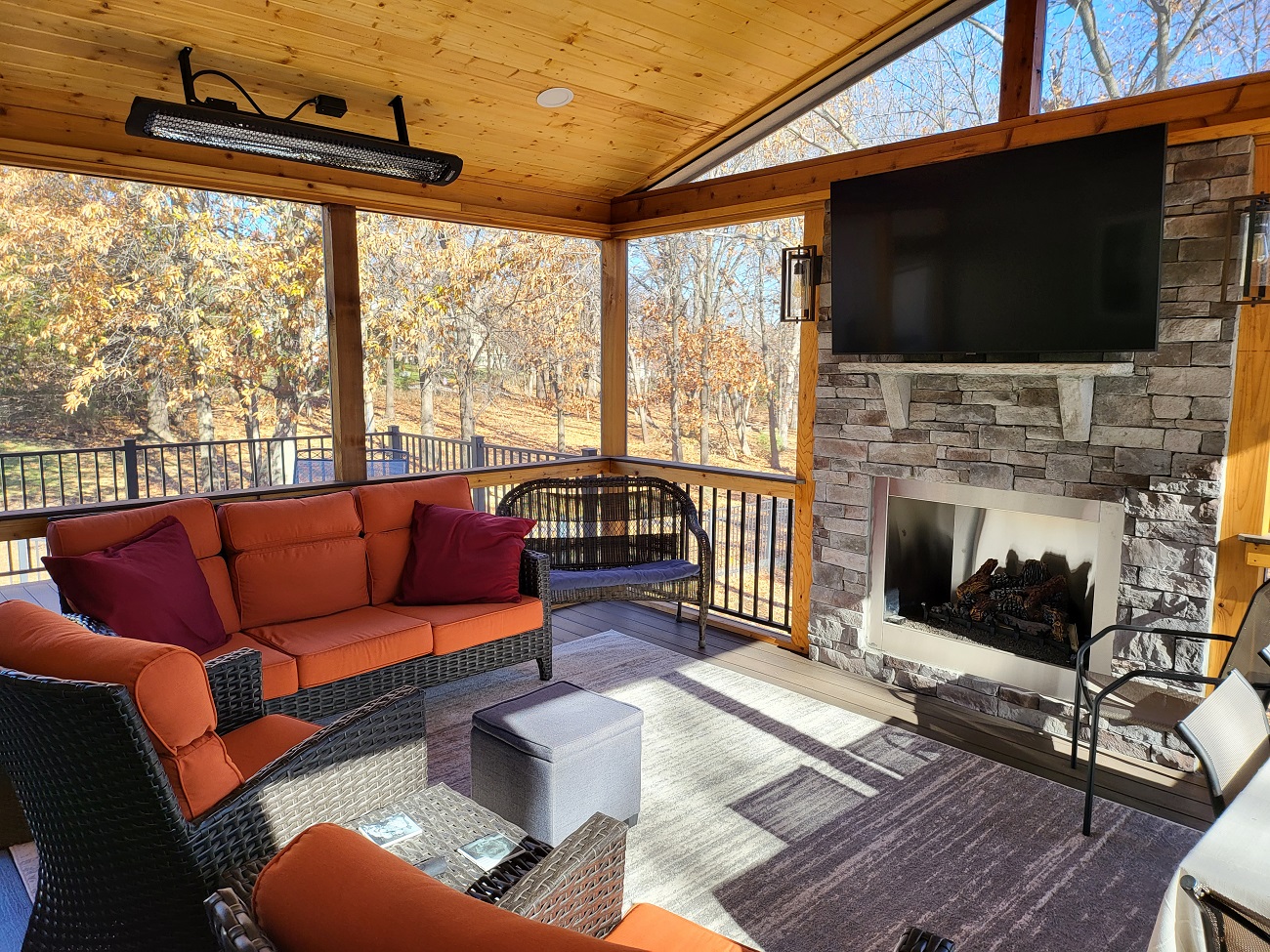 Screened porch with fireplace