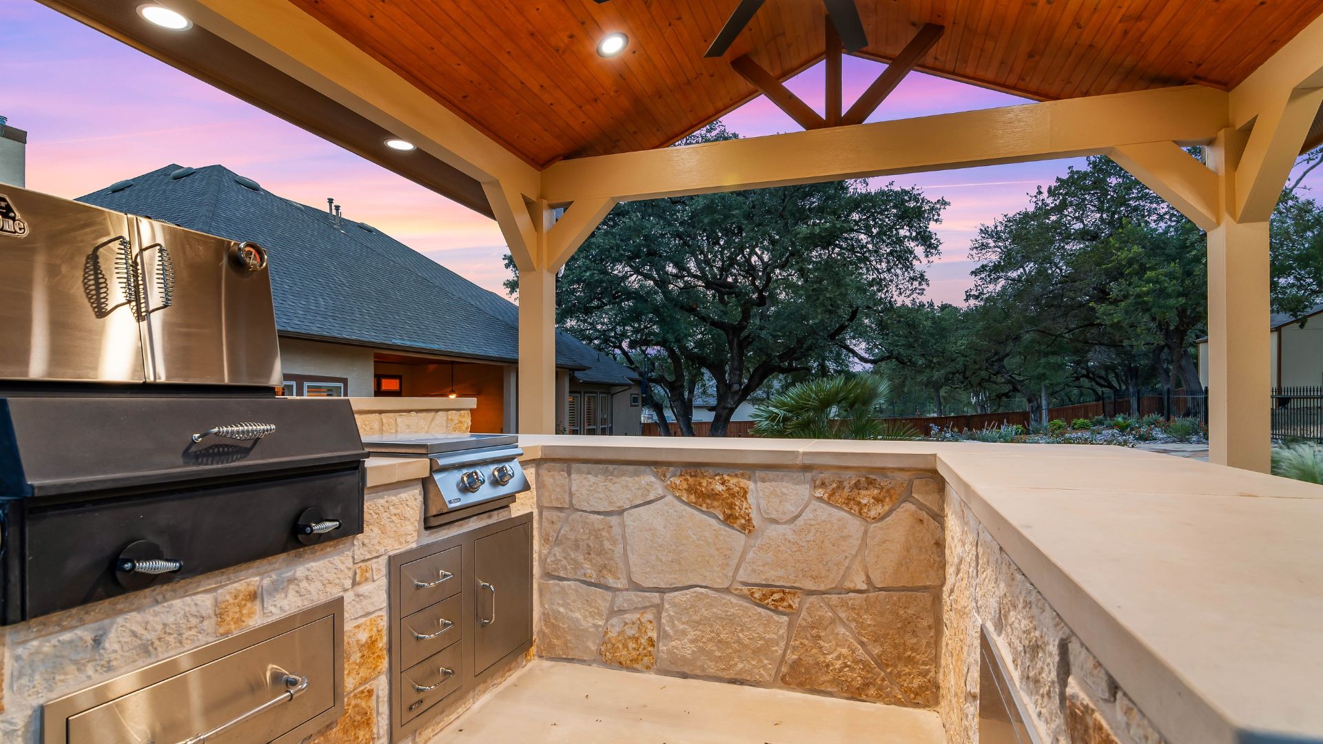 Covered patios with integrated outdoor kitchens