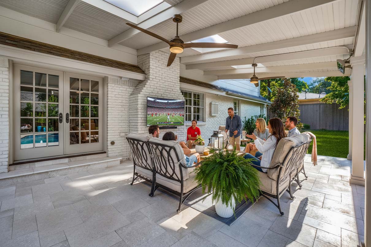 covered patio football with friends